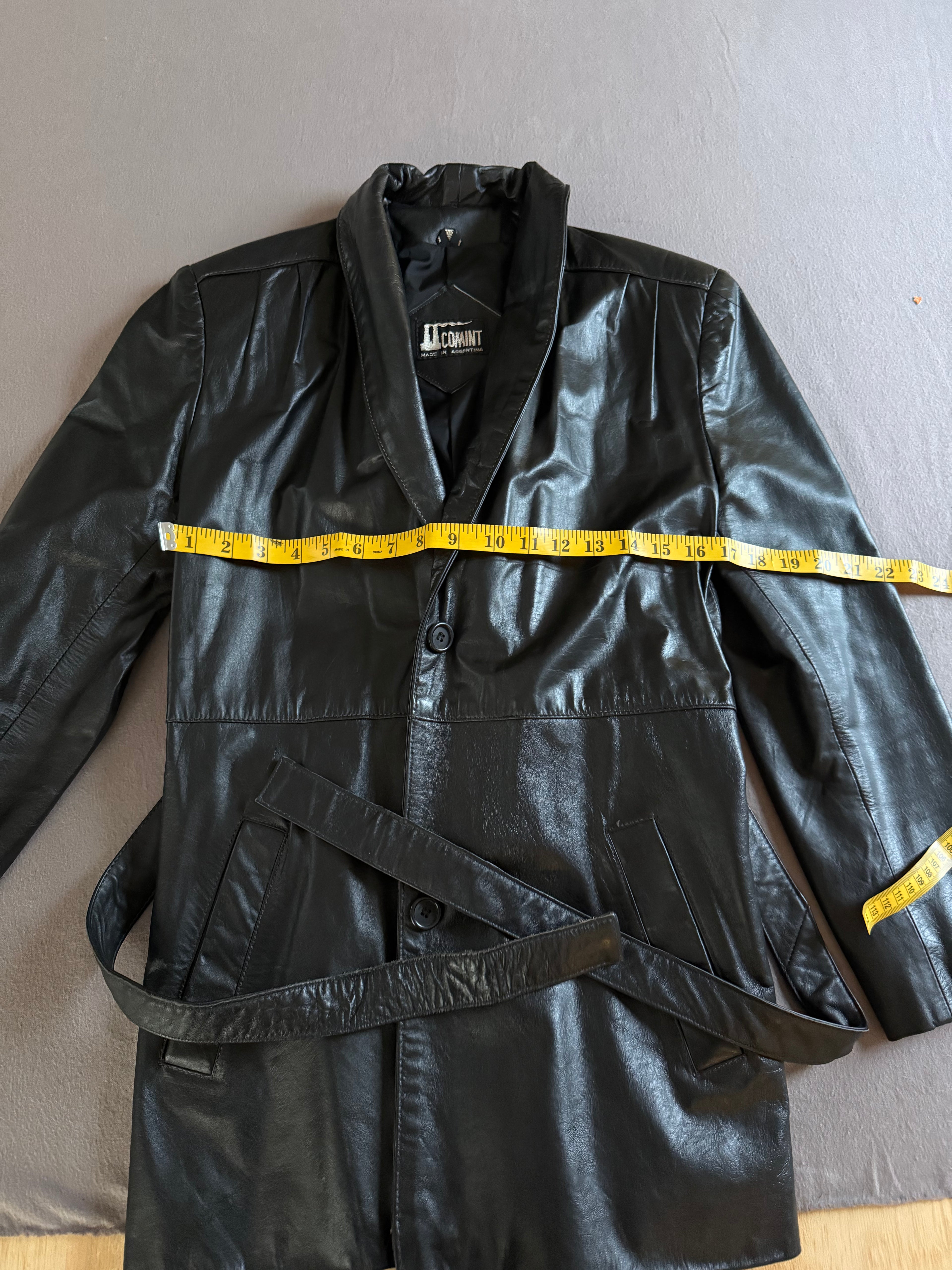 Vintage Black Genuine Leather Belted Jacket Coat – Made in Argentina – Size M/L Estimated