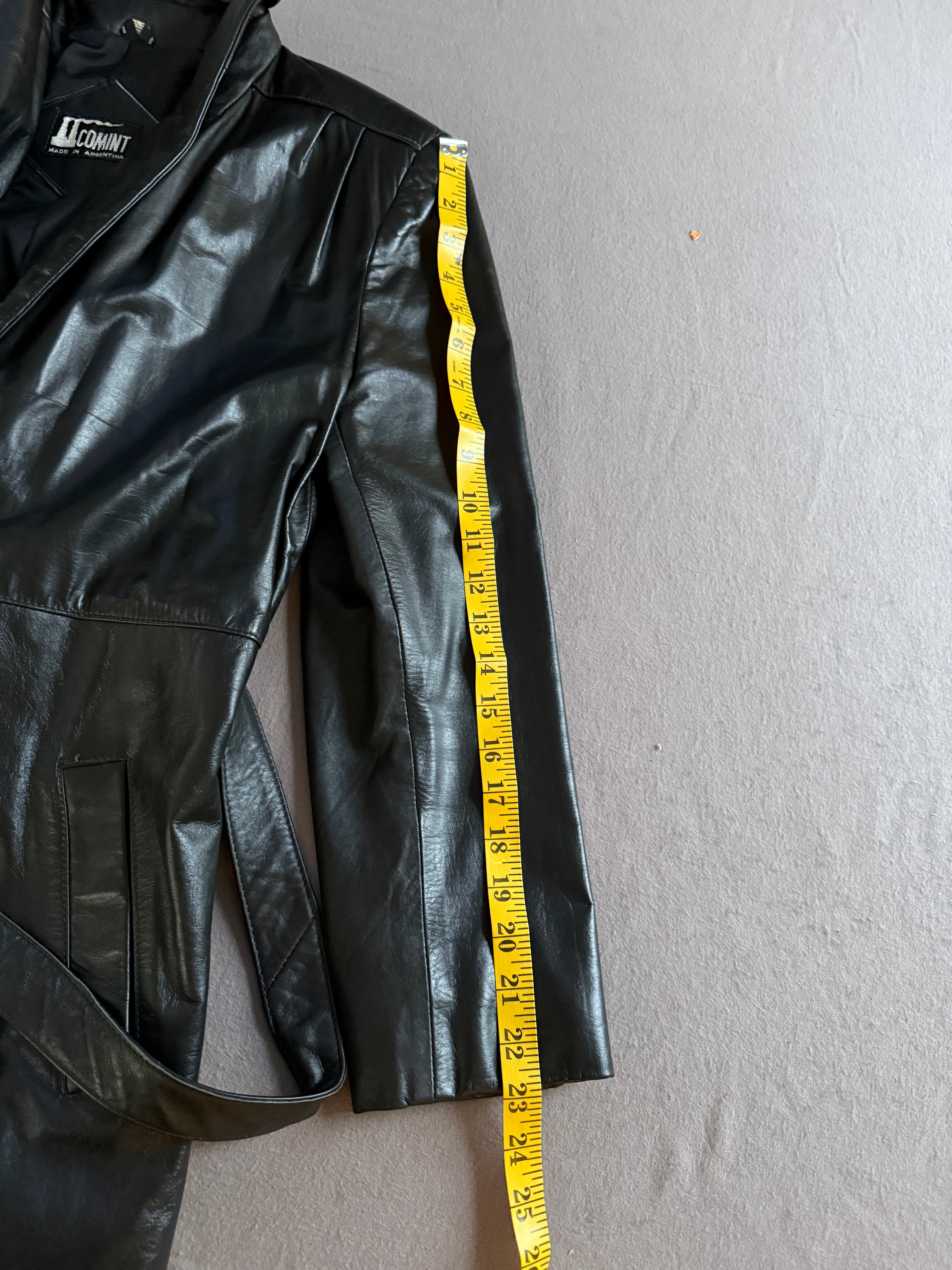 Vintage Black Genuine Leather Belted Jacket Coat – Made in Argentina – Size M/L Estimated