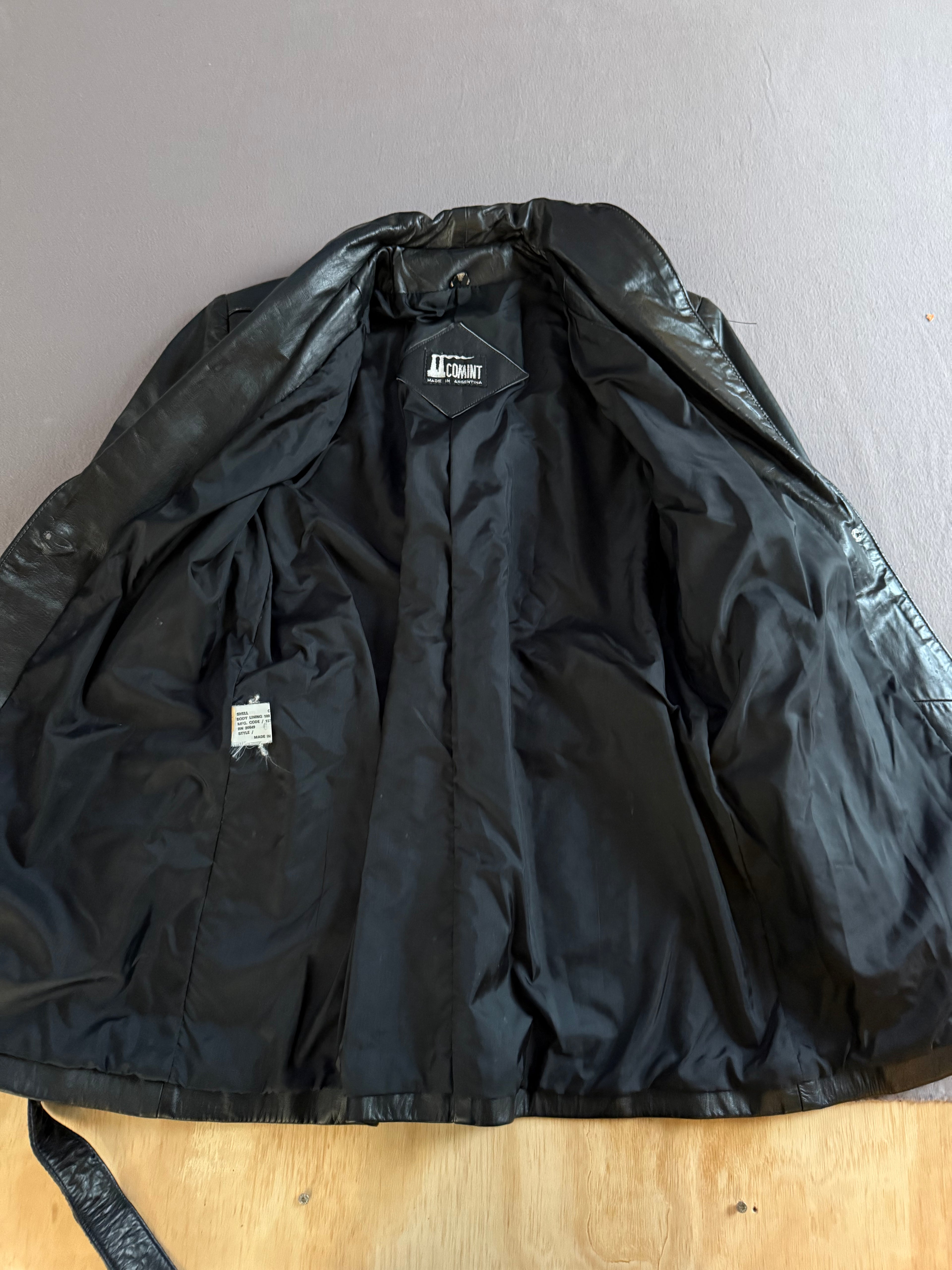 Vintage Black Genuine Leather Belted Jacket Coat – Made in Argentina – Size M/L Estimated
