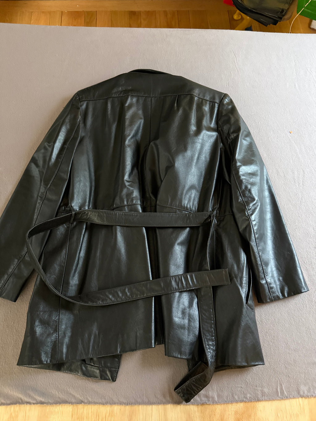 Vintage Black Genuine Leather Belted Jacket Coat – Made in Argentina – Size M/L Estimated