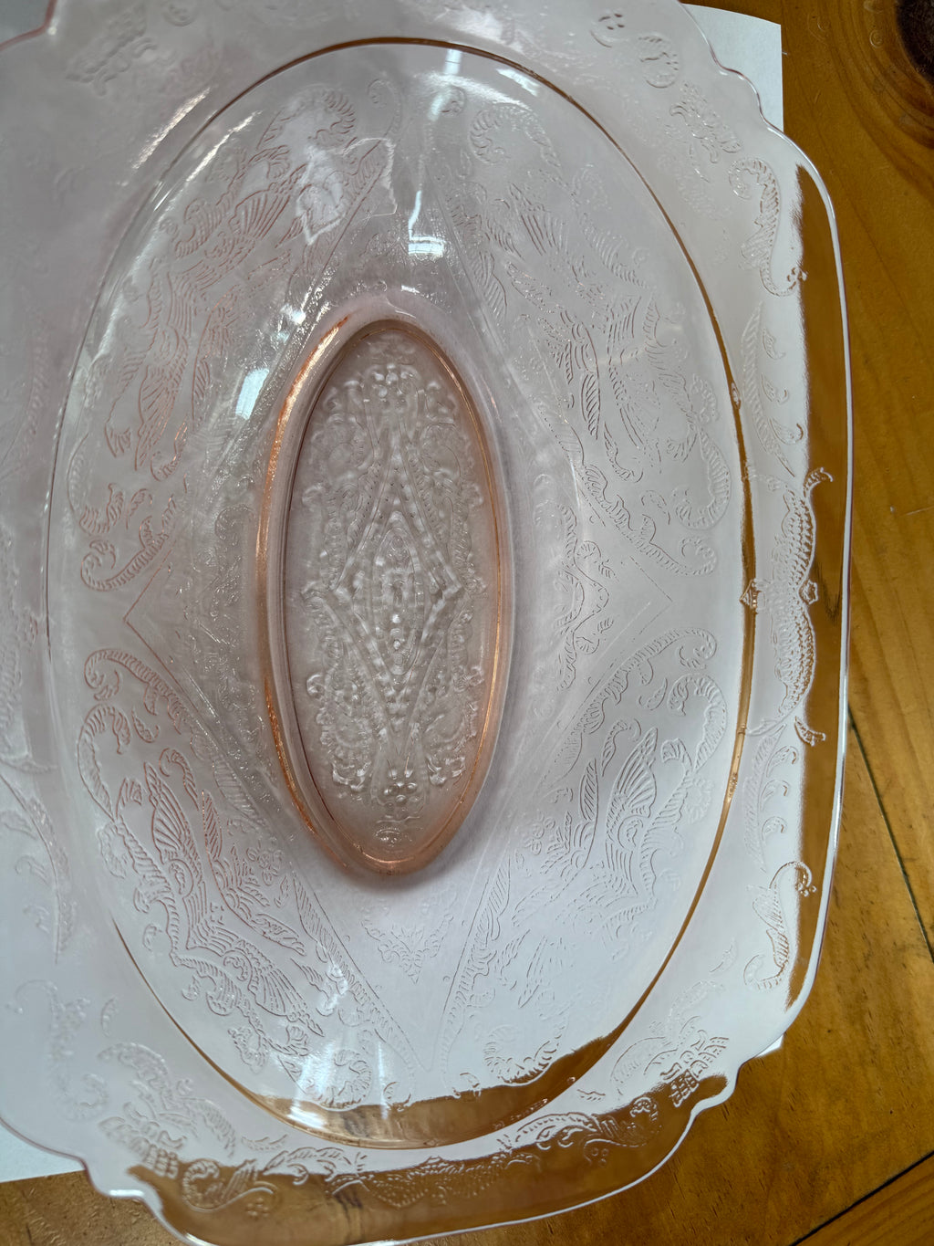 Vintage Pink Depression Glass Oval Dish with ladle – Ornate Floral Embossed Pattern – Scalloped Edge