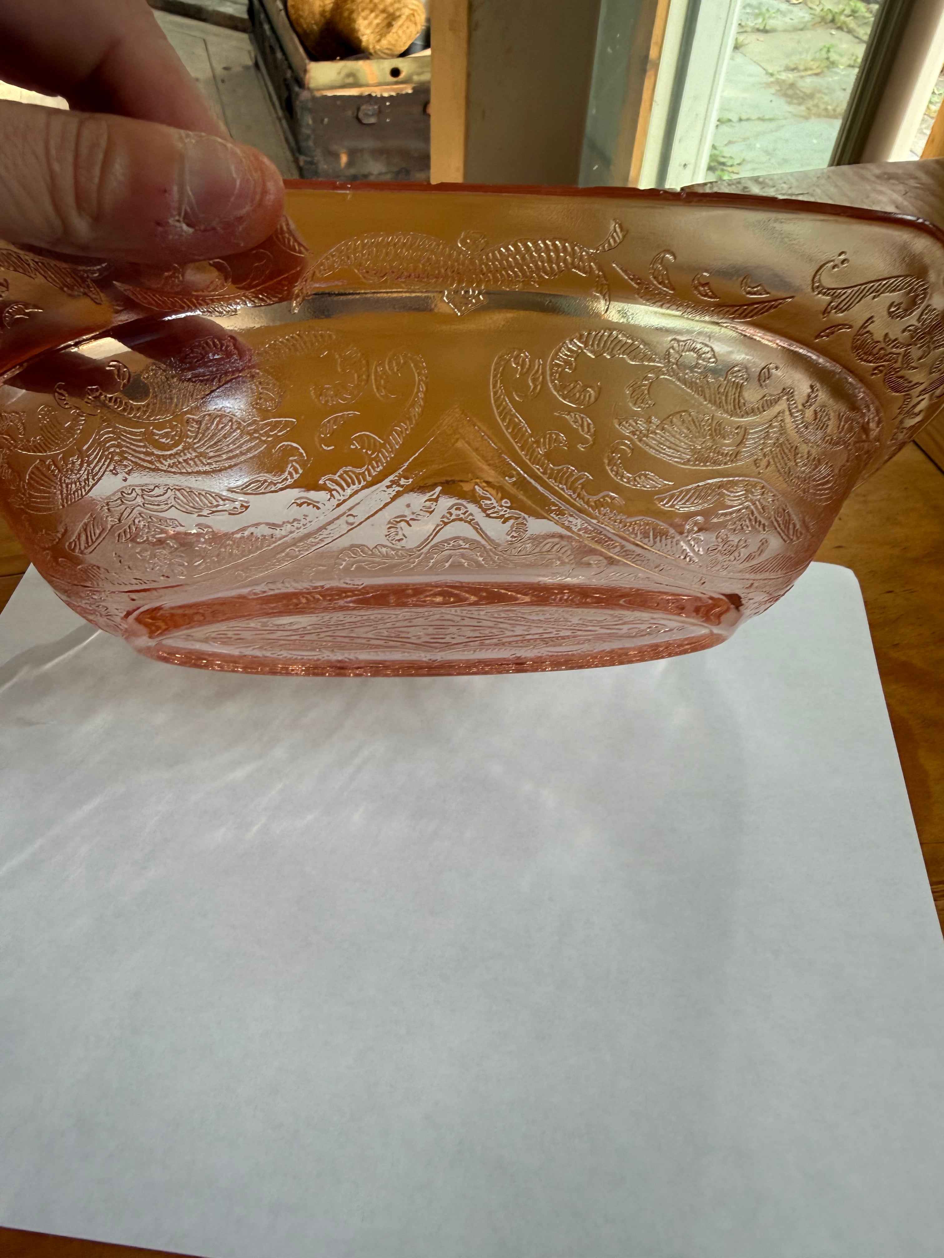 Vintage Pink Depression Glass Oval Dish with ladle – Ornate Floral Embossed Pattern – Scalloped Edge
