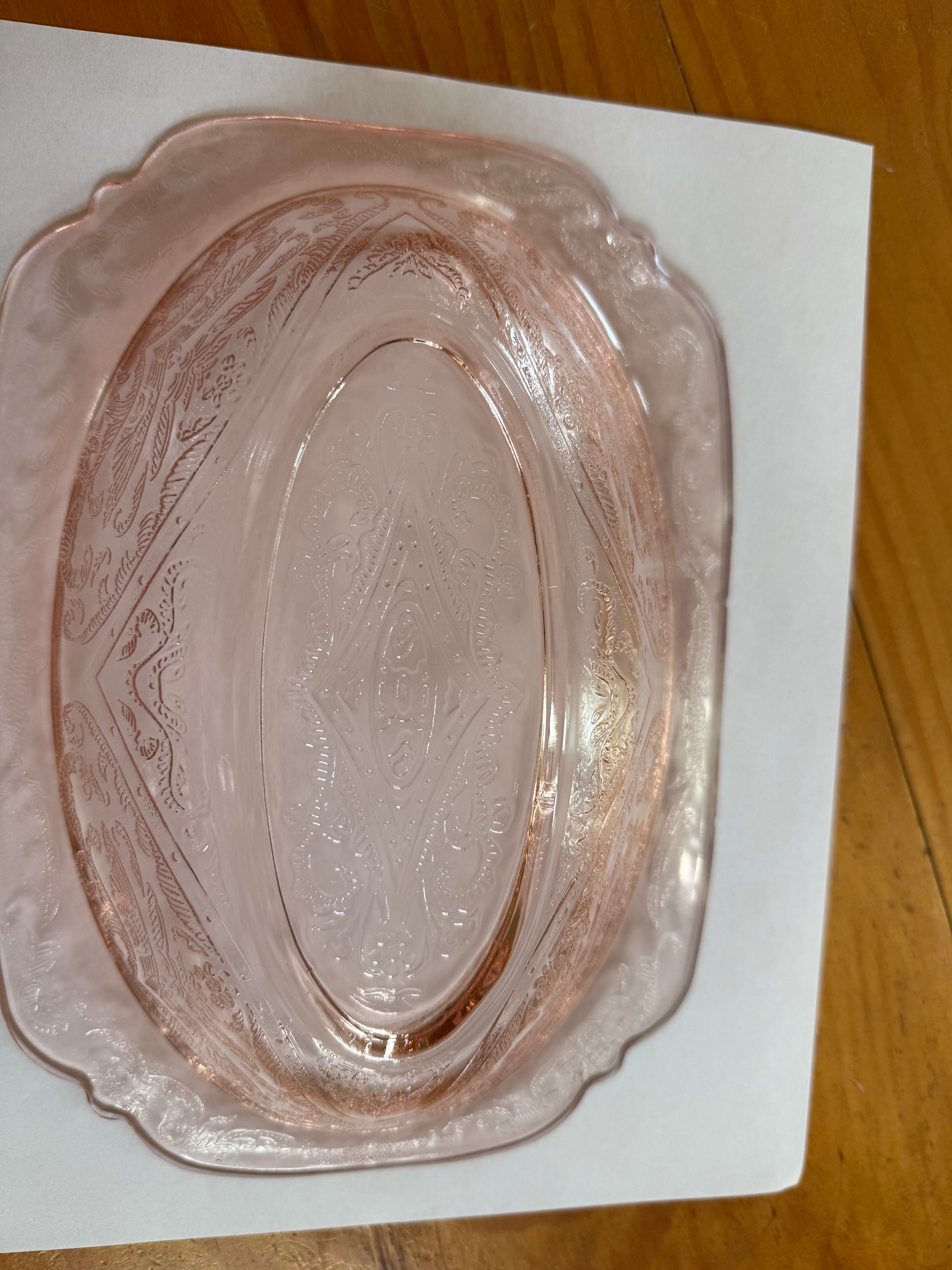 Vintage Pink Depression Glass Oval Dish with ladle – Ornate Floral Embossed Pattern – Scalloped Edge