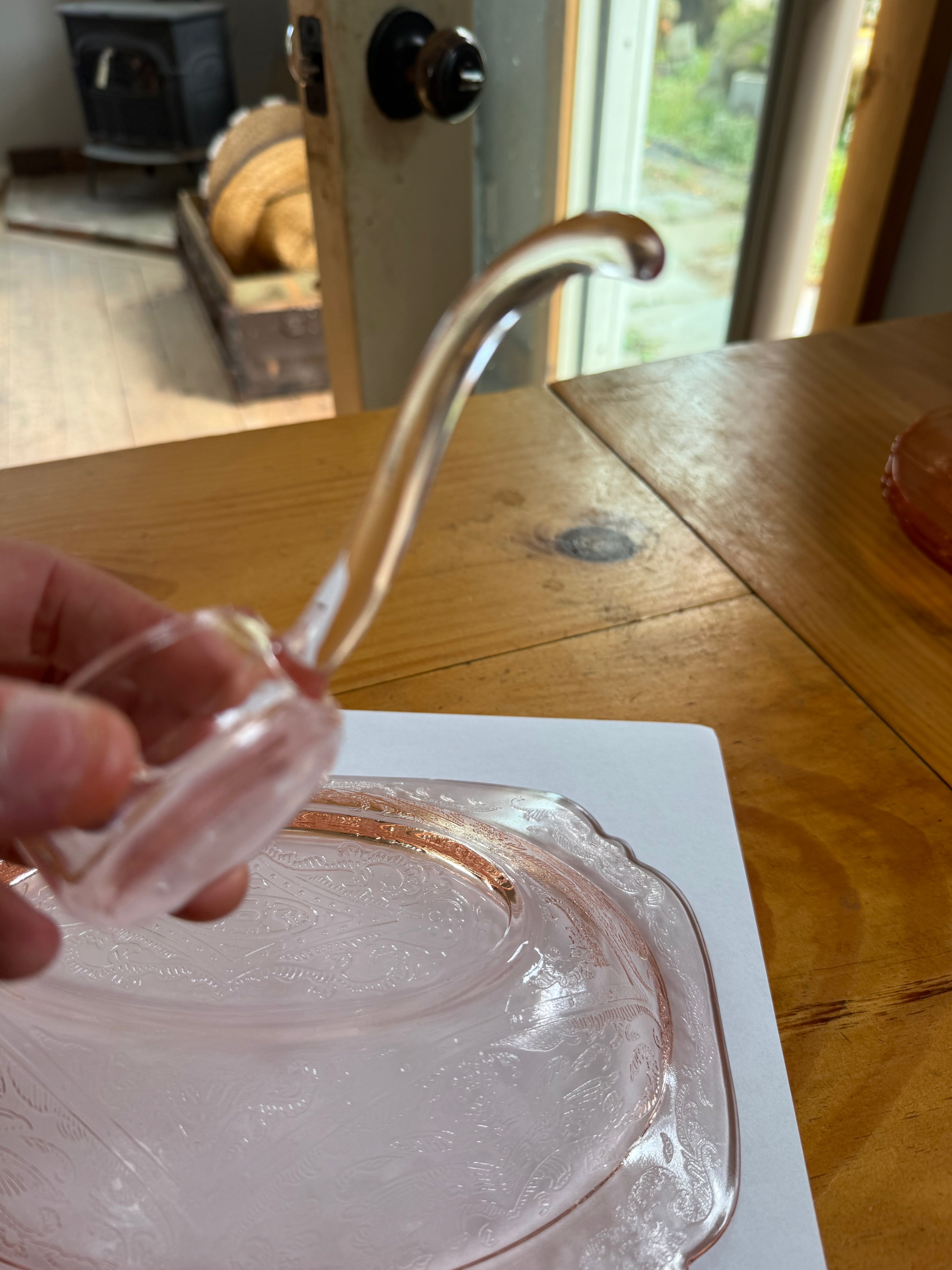 Vintage Pink Depression Glass Oval Dish with ladle – Ornate Floral Embossed Pattern – Scalloped Edge