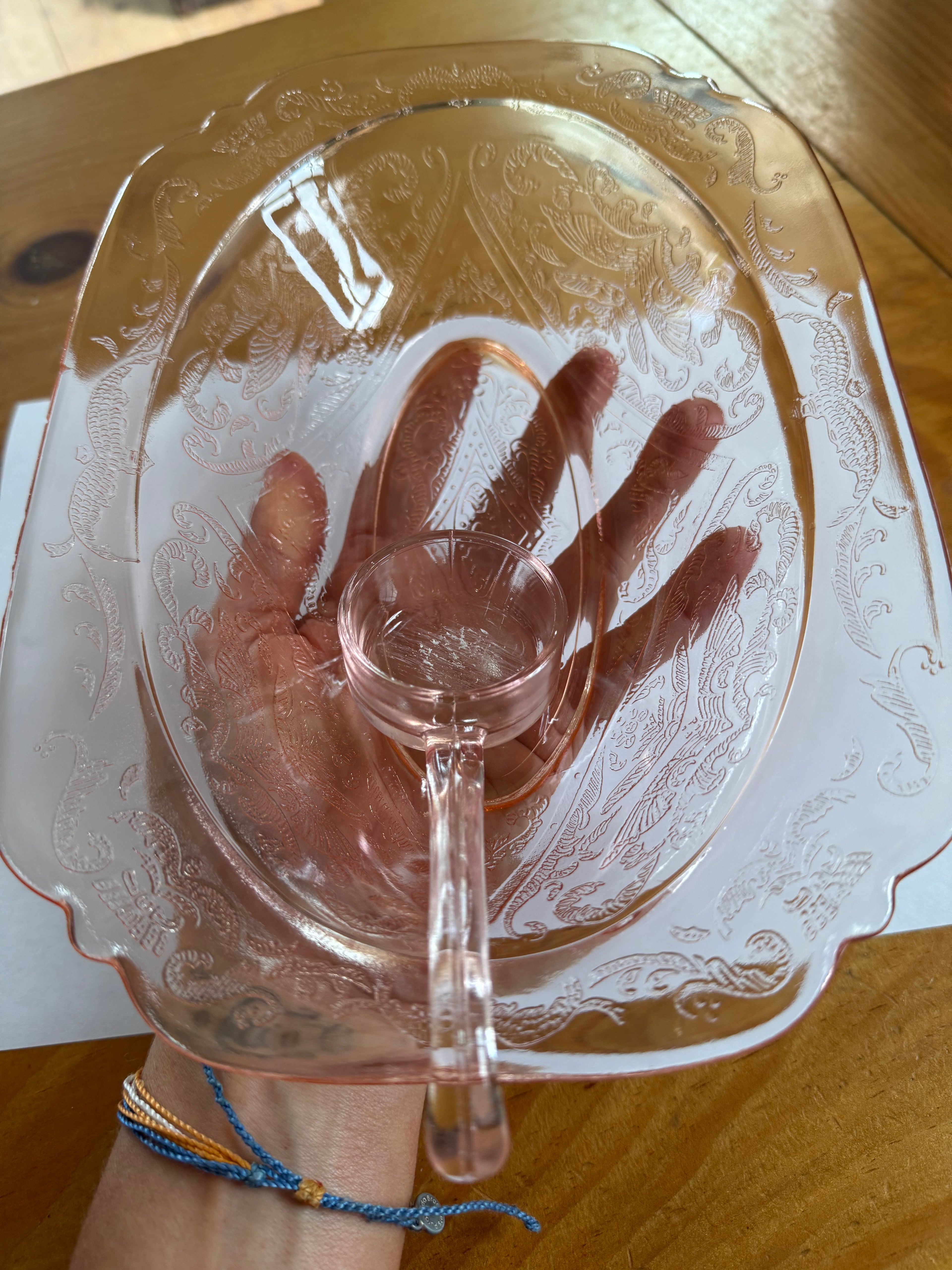 Vintage Pink Depression Glass Oval Dish with ladle – Ornate Floral Embossed Pattern – Scalloped Edge