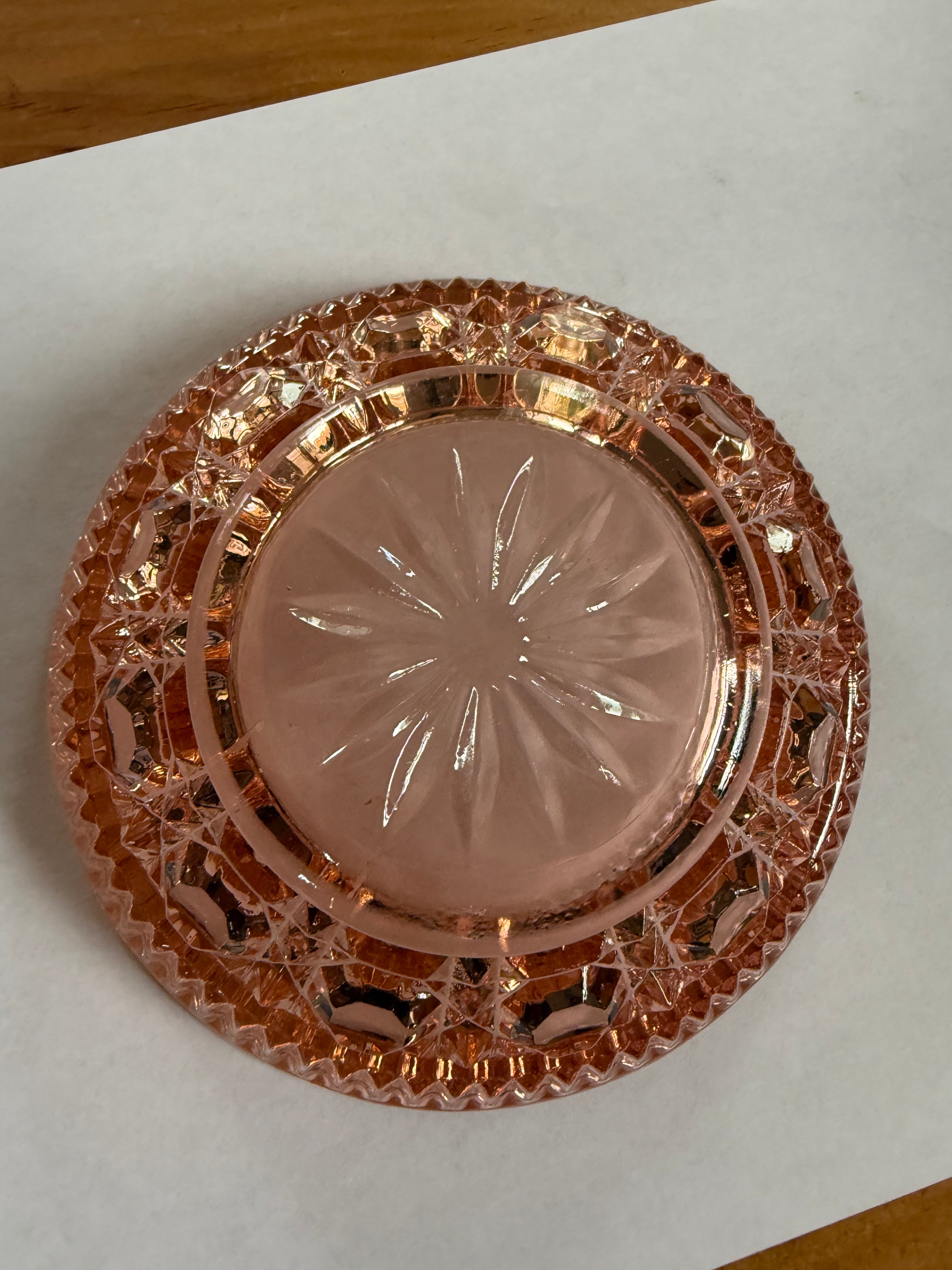 Vintage Pink Pressed Glass Serving Bowl – Starburst & Diamond Cut Pattern – Scalloped Rim – Retro Glassware