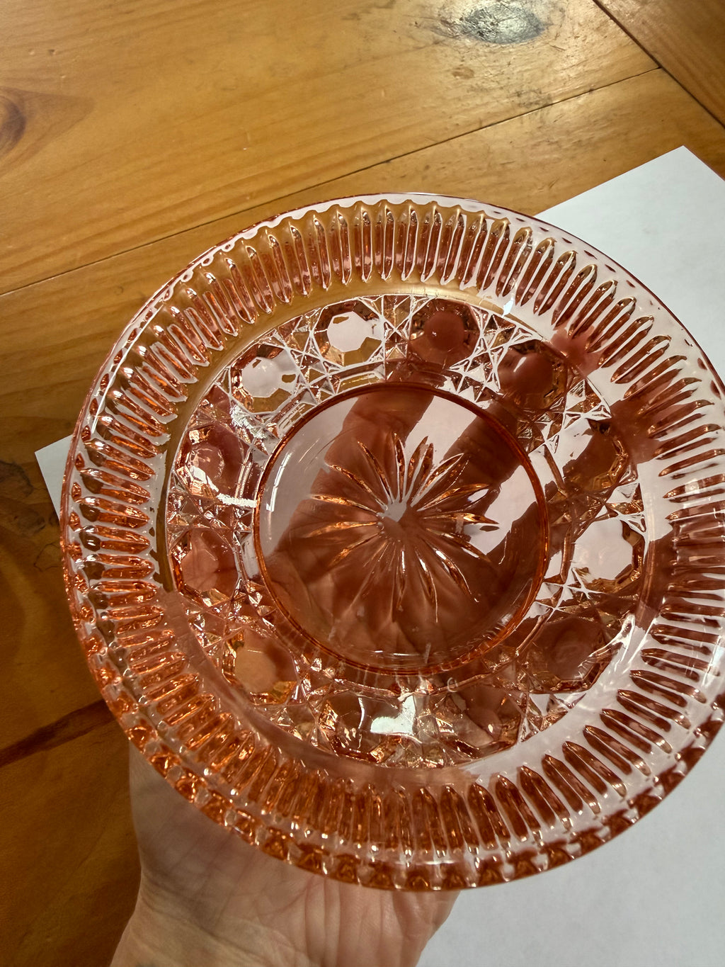 Vintage Pink Pressed Glass Serving Bowl – Starburst & Diamond Cut Pattern – Scalloped Rim – Retro Glassware
