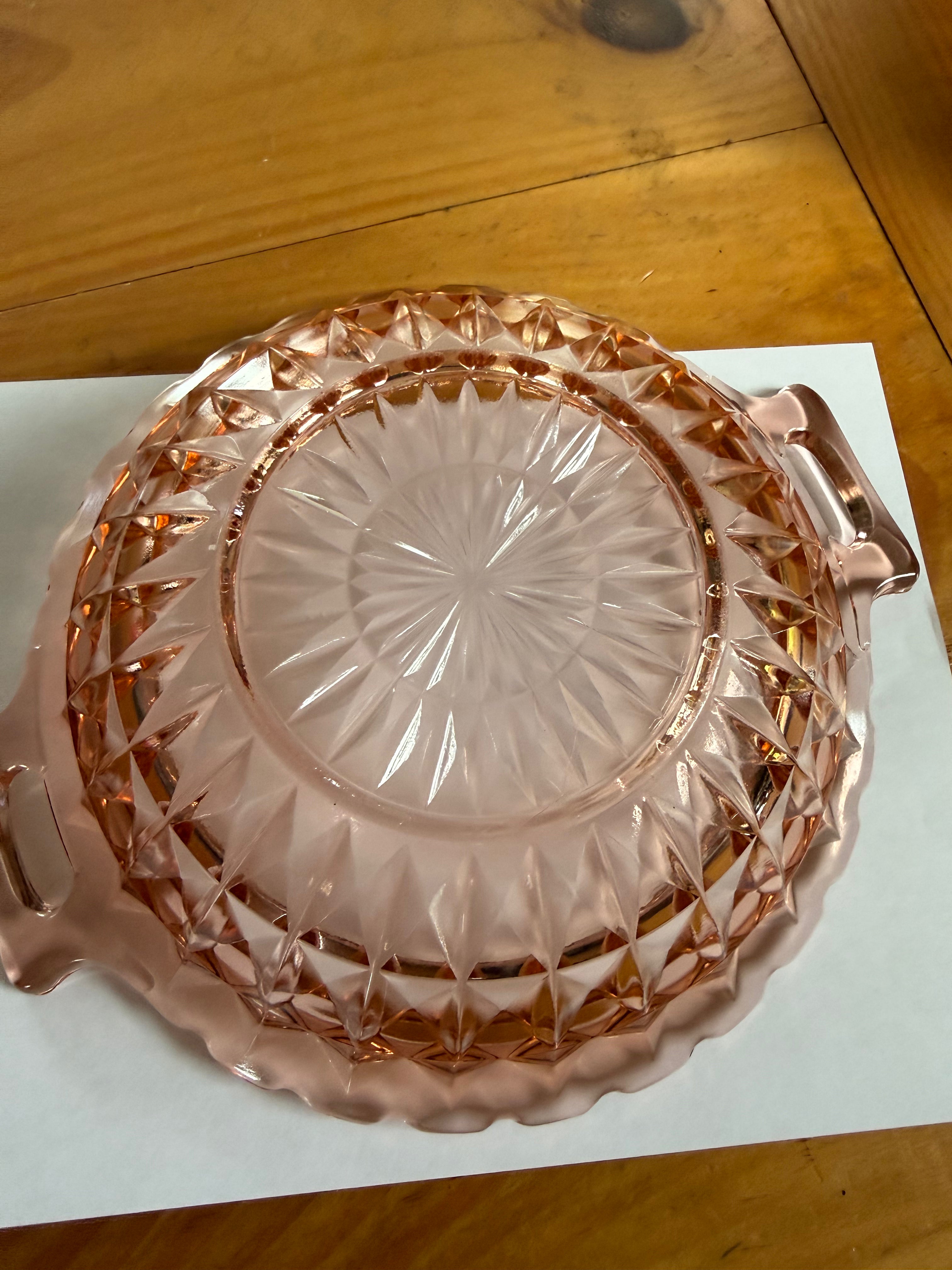 Vintage Pink Depression Style Glass Bowl – Ornate Starburst Diamond Pattern Scalloped Edge